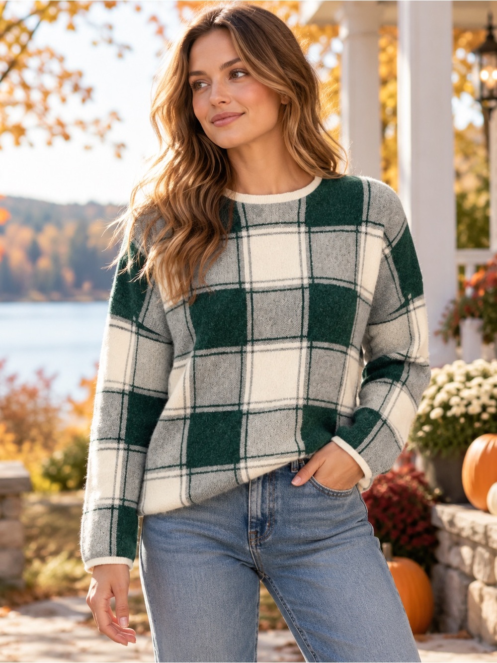 Tahari Green Grey Plaid Cozy Knit Sweater |Large|